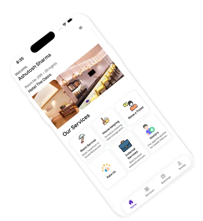 OrderNxt home screen with hotel services